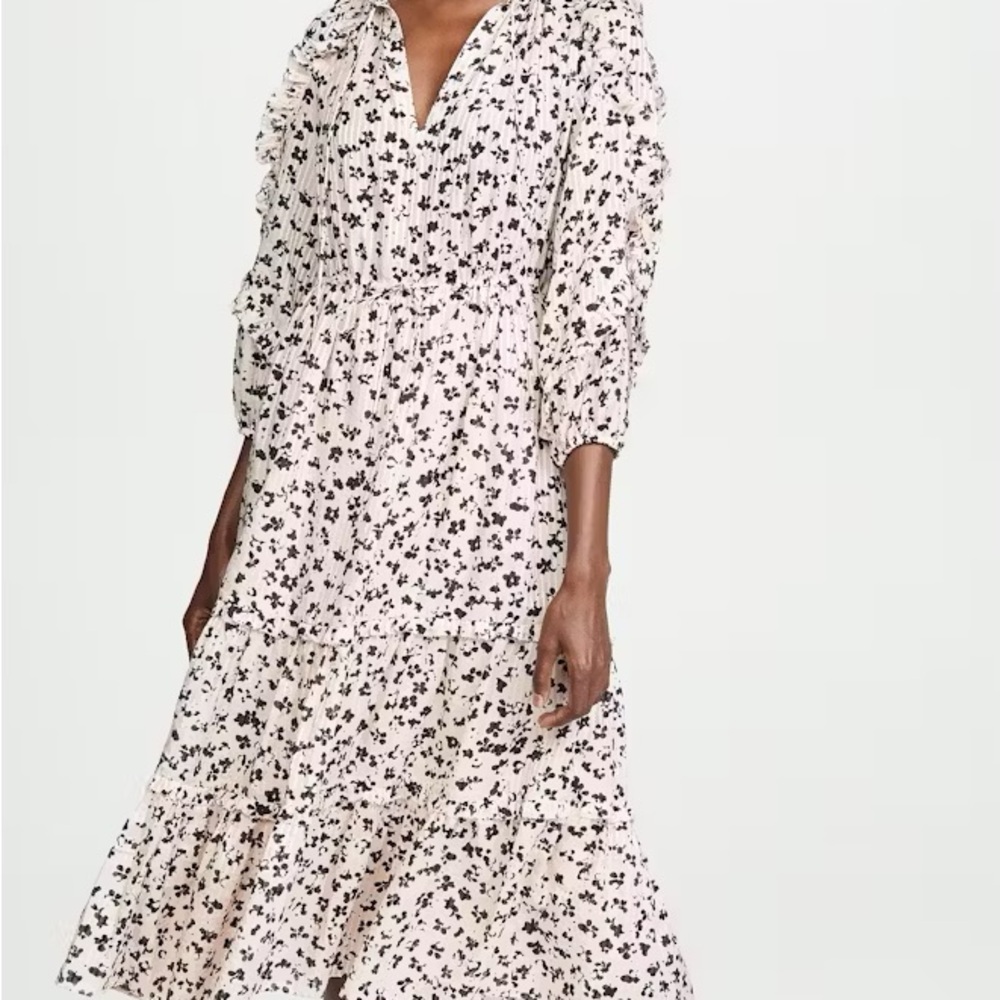Ulla Johnson Silk Cream and Black Floral Long Sleeve Dress